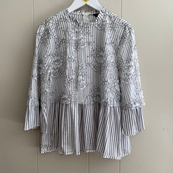ZARA Woman Striped Floral Lace Blouse | Peplum Hem Long Sleeve Top Size M - Picture 1 of 6